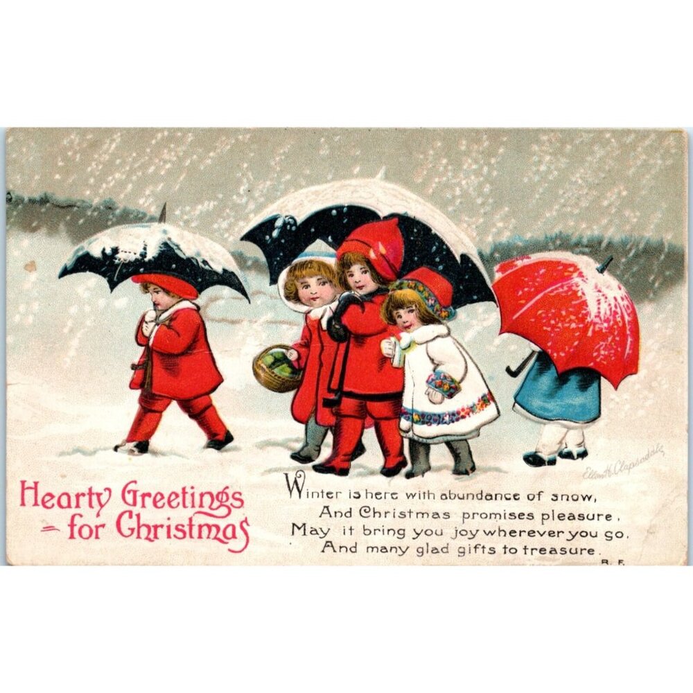 Postcard Happy Greetings For Christmas Little Kids moving across snow early 1900